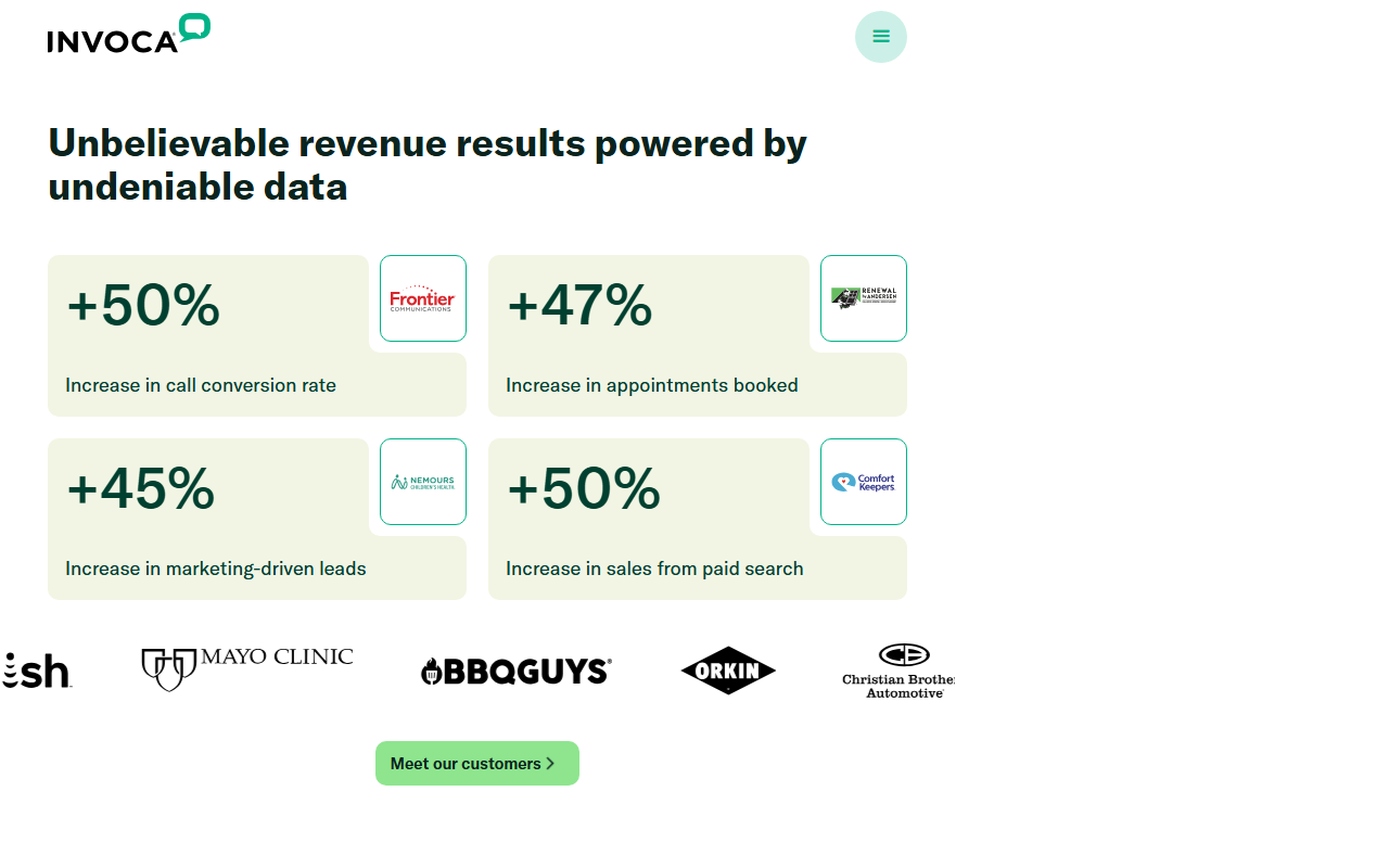 Screenshot of the Invoca homepage captured for this review